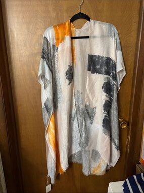 Lightweight White & Gray Abstract Women's Swim Coverup with Orange Accents